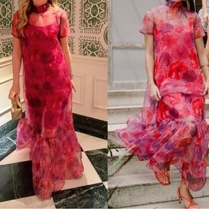 STAUD Calluna Magenta Painted Floral Print Organza Tie Back Maxi Gown Dress